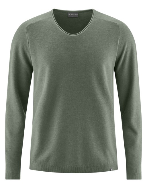 Strickpullover mit schmalen V-Ausschnitt aus Hanf/Biobaumwolle Normal Fit - moss [a34e469bab7872c78e71f37f12346fba]