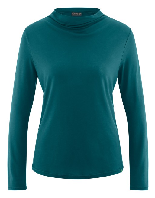 Damen Longsleeve Wasserfall-Ausschnitt Lyocell (Hanf) Normal fit - teal [fc5b2a98398a59d44c247f6576c9dd14]
