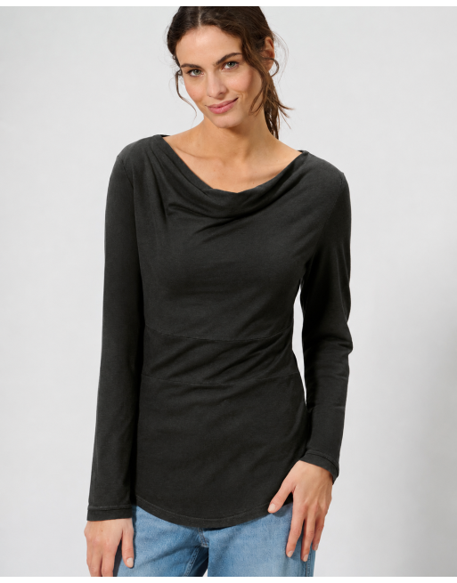 Langarmshirt mit Wasserfallkragen Hanf/Biobaumwolle Casual Fit - black [8f9399e45f742437d8d31cd50c0bb9e9]