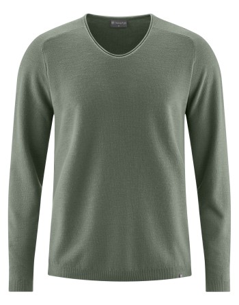 Strickpullover mit schmalen V-Ausschnitt aus Hanf/Biobaumwolle Normal Fit - moss [e2630700c1a902344cf9c9a8394b209f]